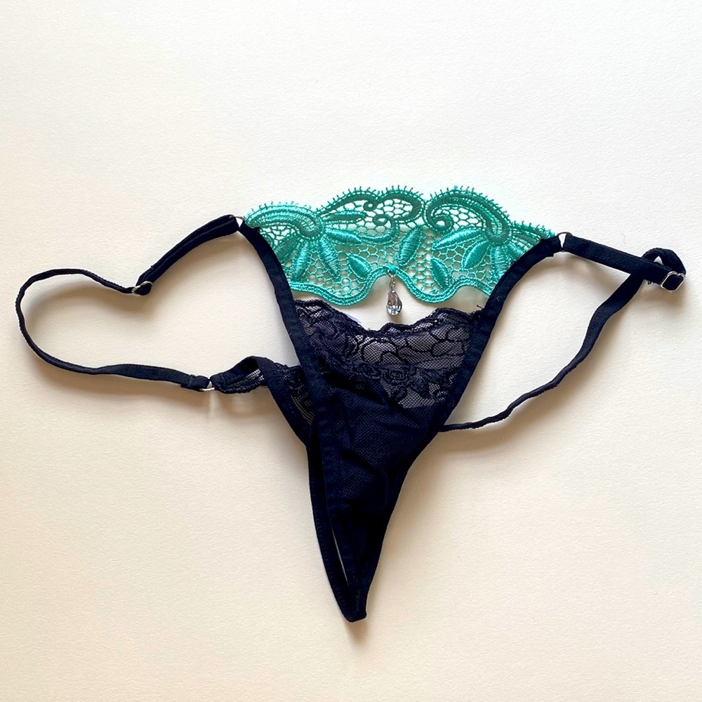 Black and turquoise lace thong